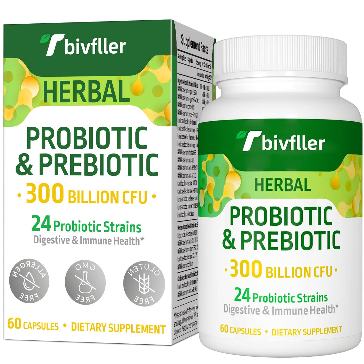 Tbivfller probiotics bottle front shows 300B CFU for daily gut support.