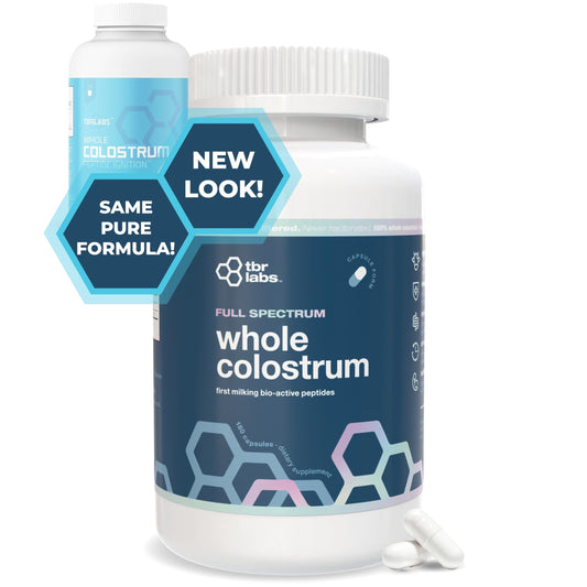 Packaging of TBR Labs colostrum highlighting antibiotic-free USA-sourced quality