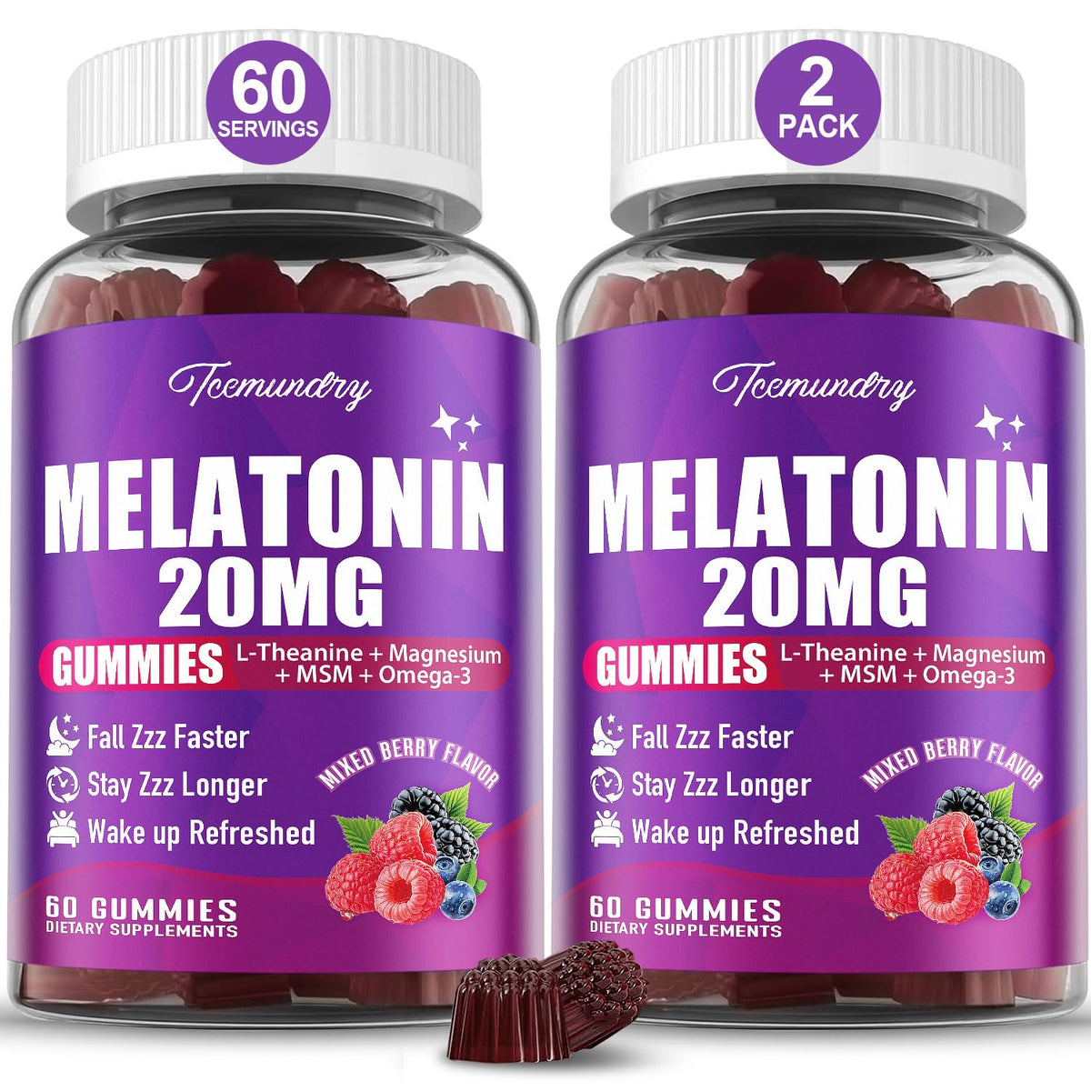 Tcemundry melatonin gummies bottle front for calm evenings and restful nights.