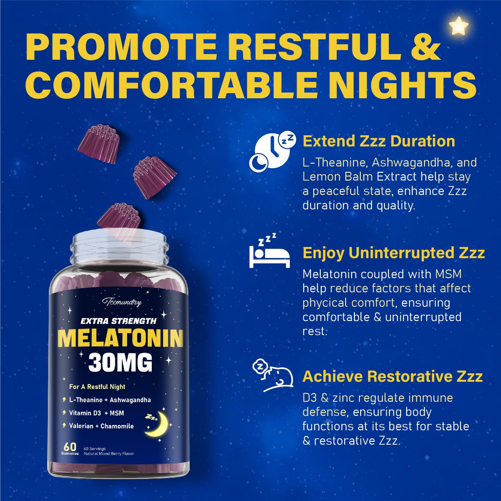 Tcemundry melatonin gummies ingredients list highlights L-theanine and ashwagandha.