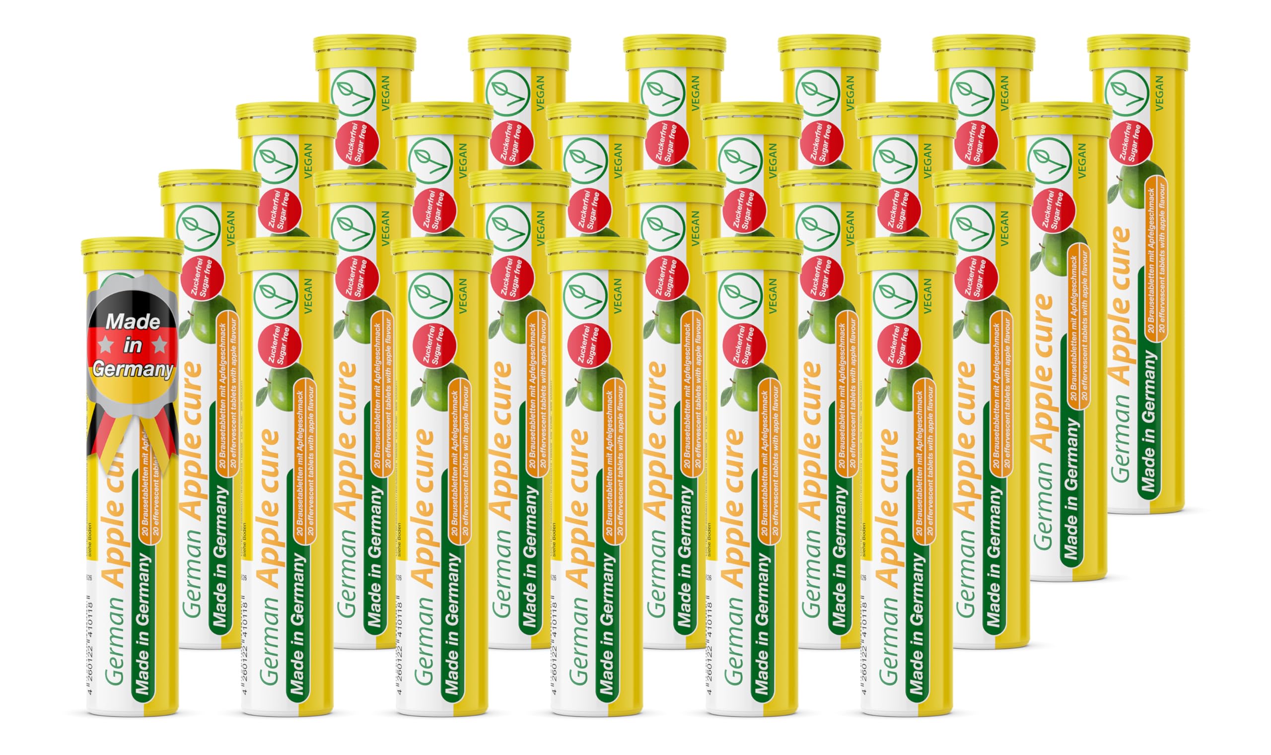 T&D German Apple Cure tablet in apple flavor tube, sugar-free and vegan.