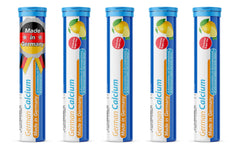 T&D German Calcium 500 mg bottle with lemon lime effervescent tablets for daily calcium intake.
