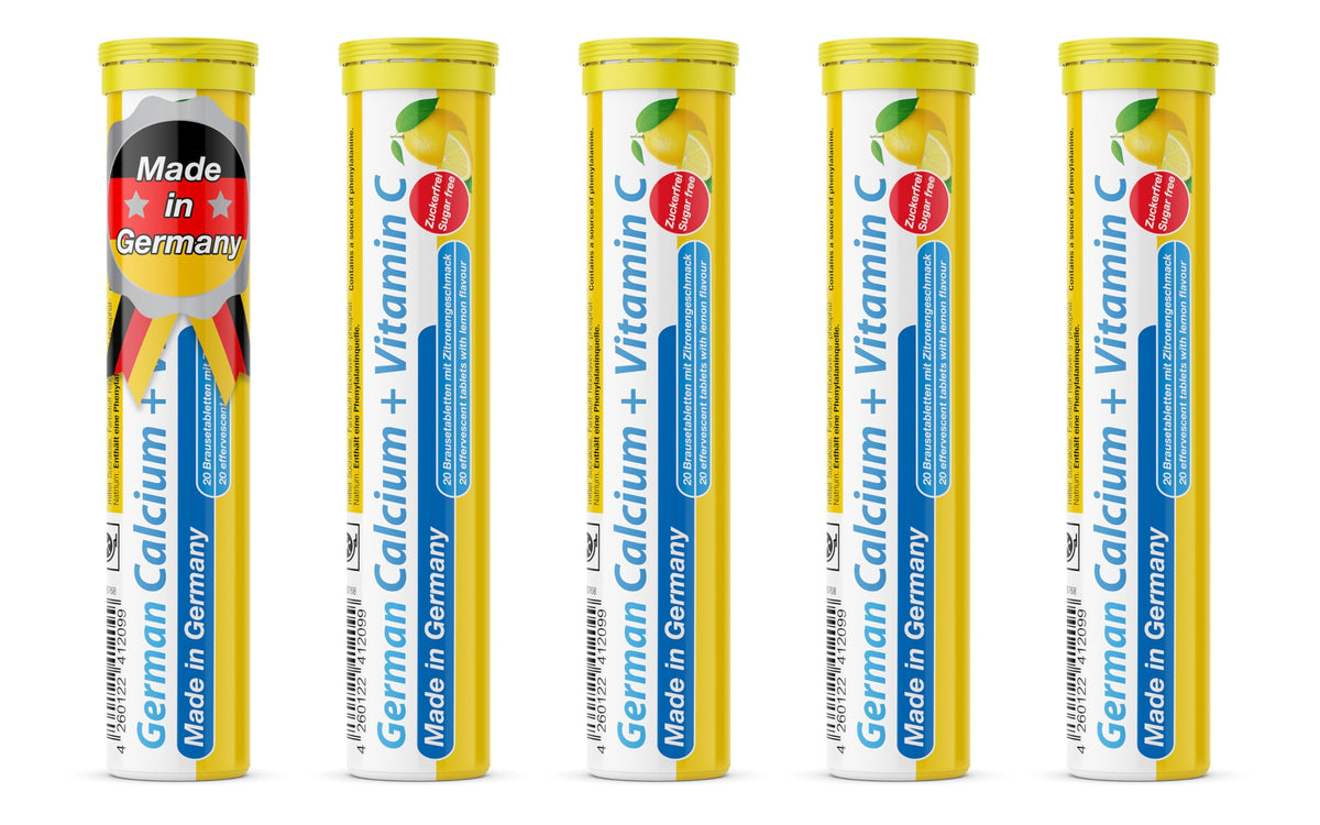 T&D German Calcium Vitamin C 100-tablets lemon lime tube for daily bone support.