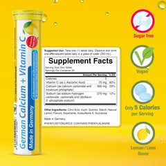 T&D German Calcium Vitamin C bottle label showing vegan and sugar-free benefits.