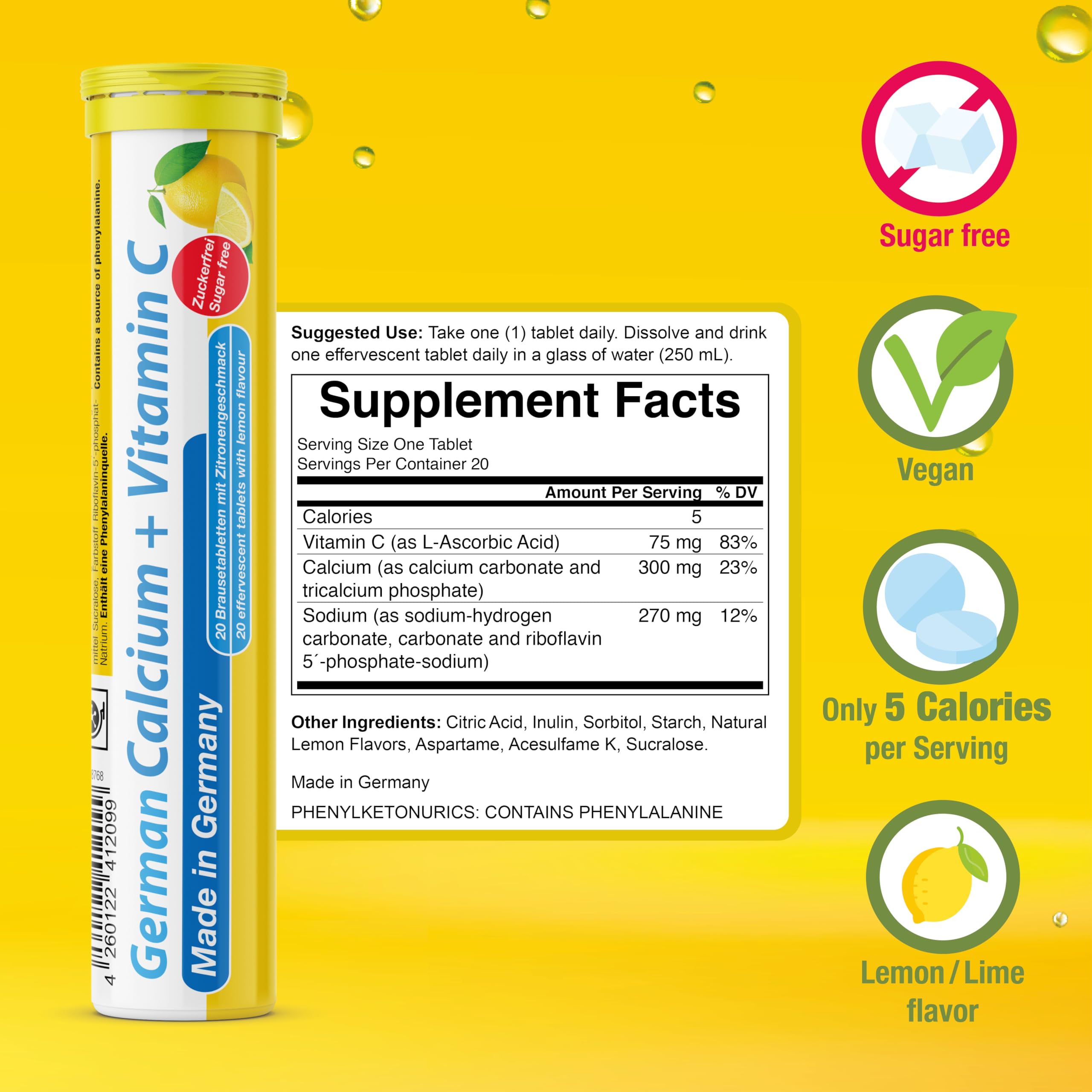 TD German Calcium + Vitamin C tablet dissolving in water.