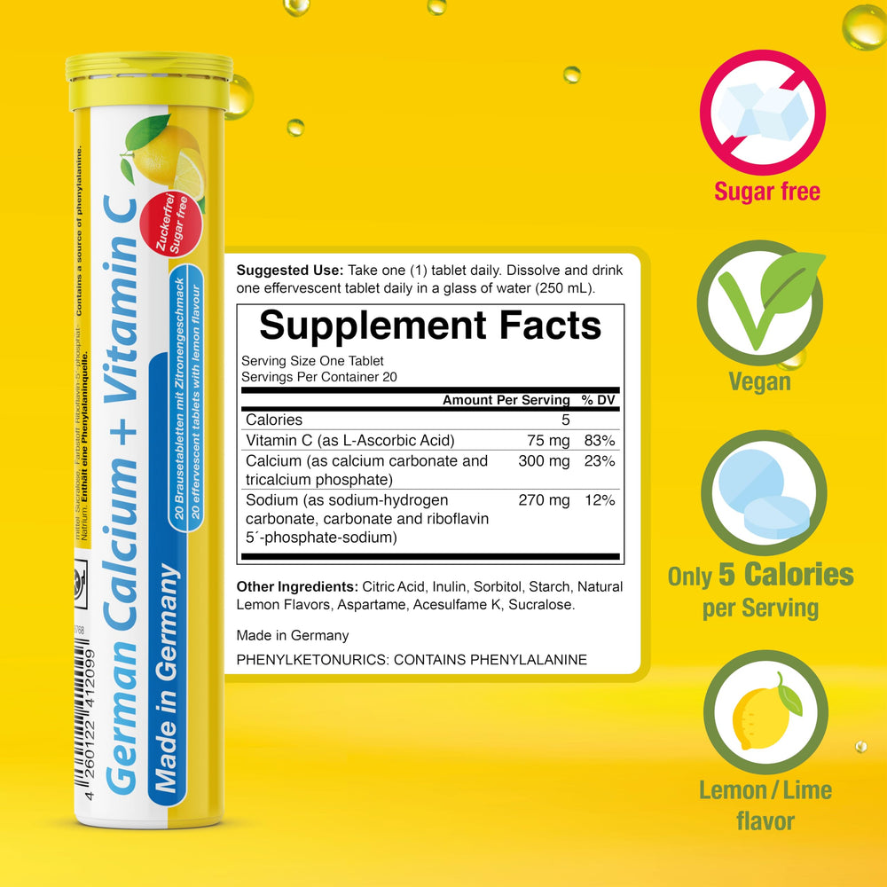 TD German Calcium + Vitamin C tablet dissolving in water.