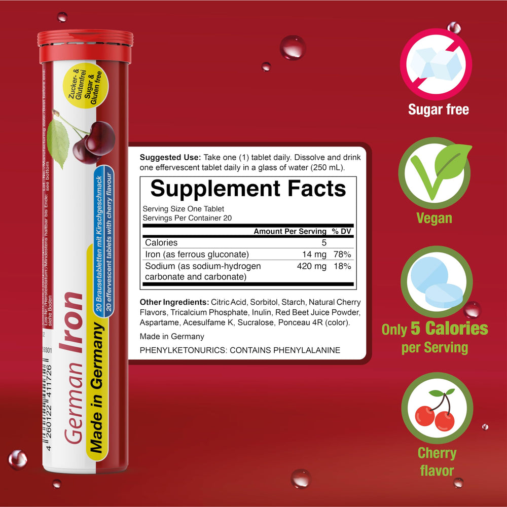 T&D German Iron 14 mg cherry fizz dissolves in water for quick refreshment.