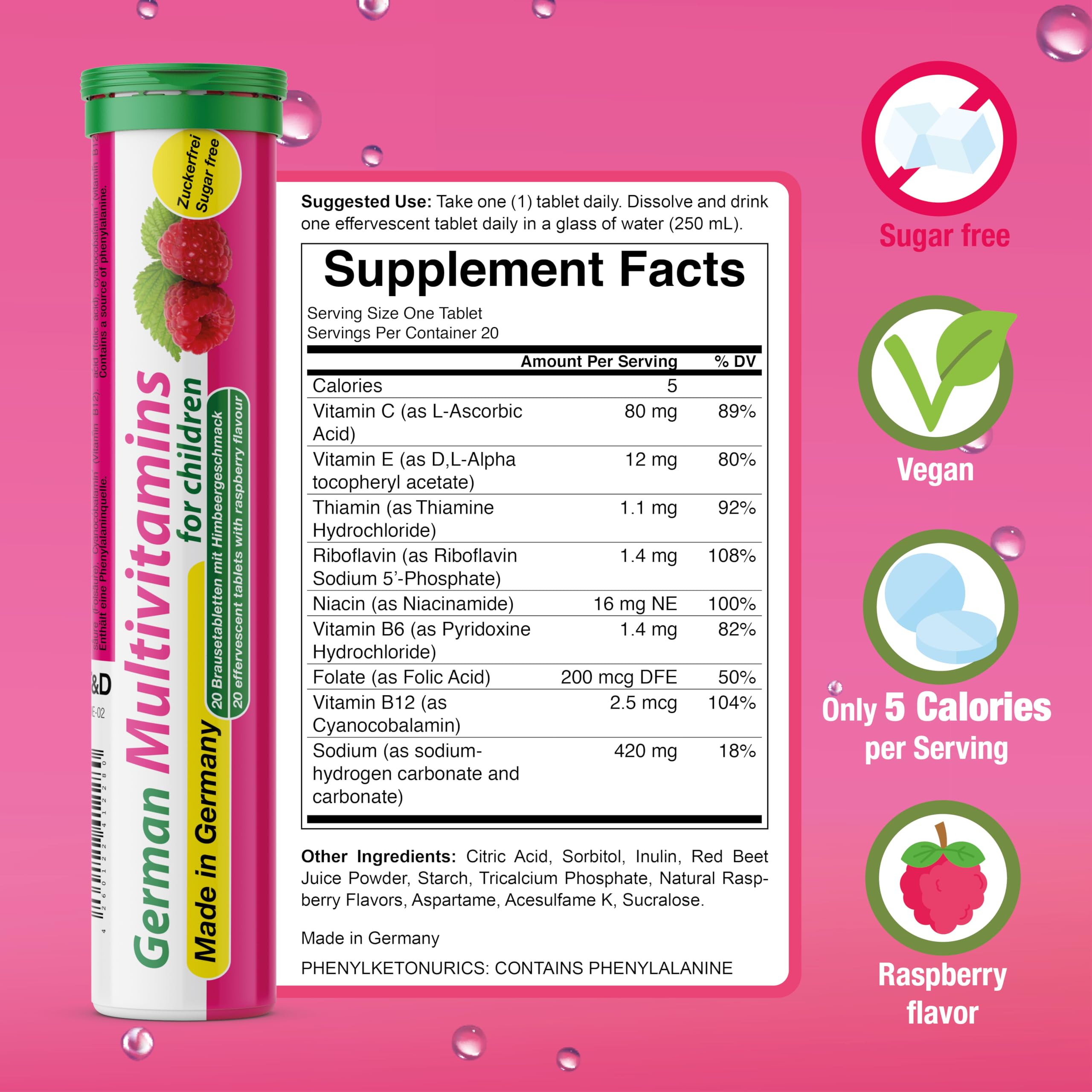 T&D German Multivitamin for Children 20-per-tube packaging for convenient weekly supply
