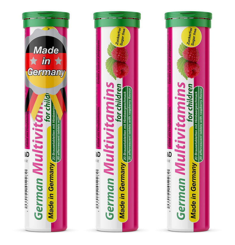 T&D German Multivitamin for Children raspberry effervescent tablets support daily vitamin intake.