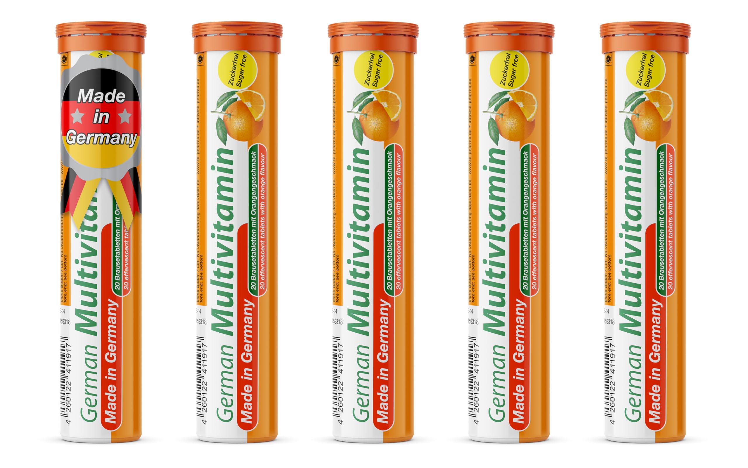 TD German Multivitamin orange effervescent tablet dissolving for a refreshing daily boost.