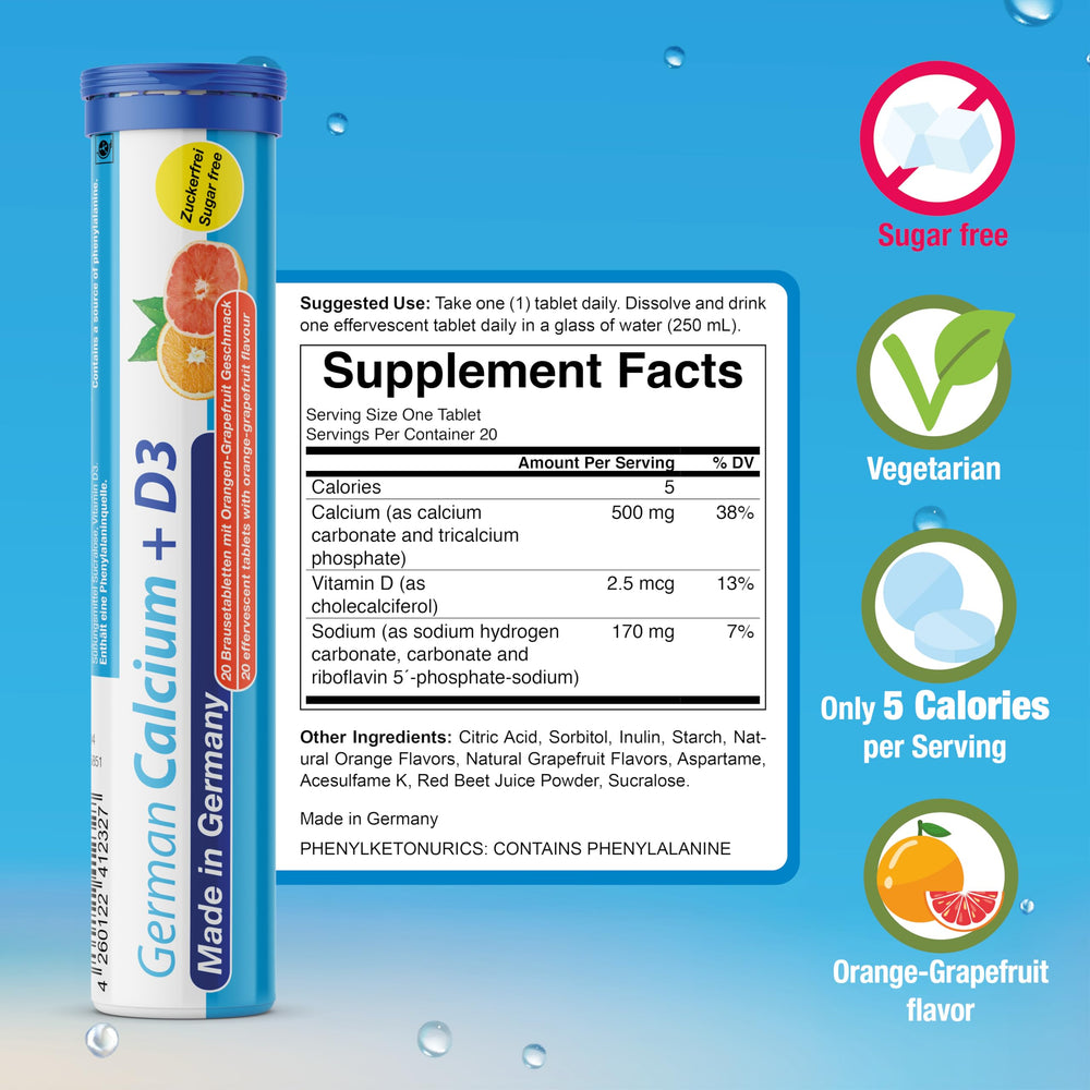 T&D German Vitamin grapefruit effervescent tablet for zest and hydration.