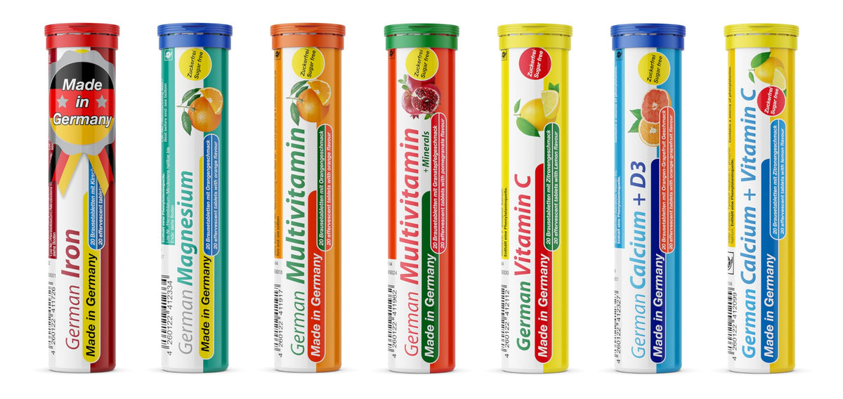 T&D German Vitamin Minerals mixed-fruit box with seven tubes for convenient daily use