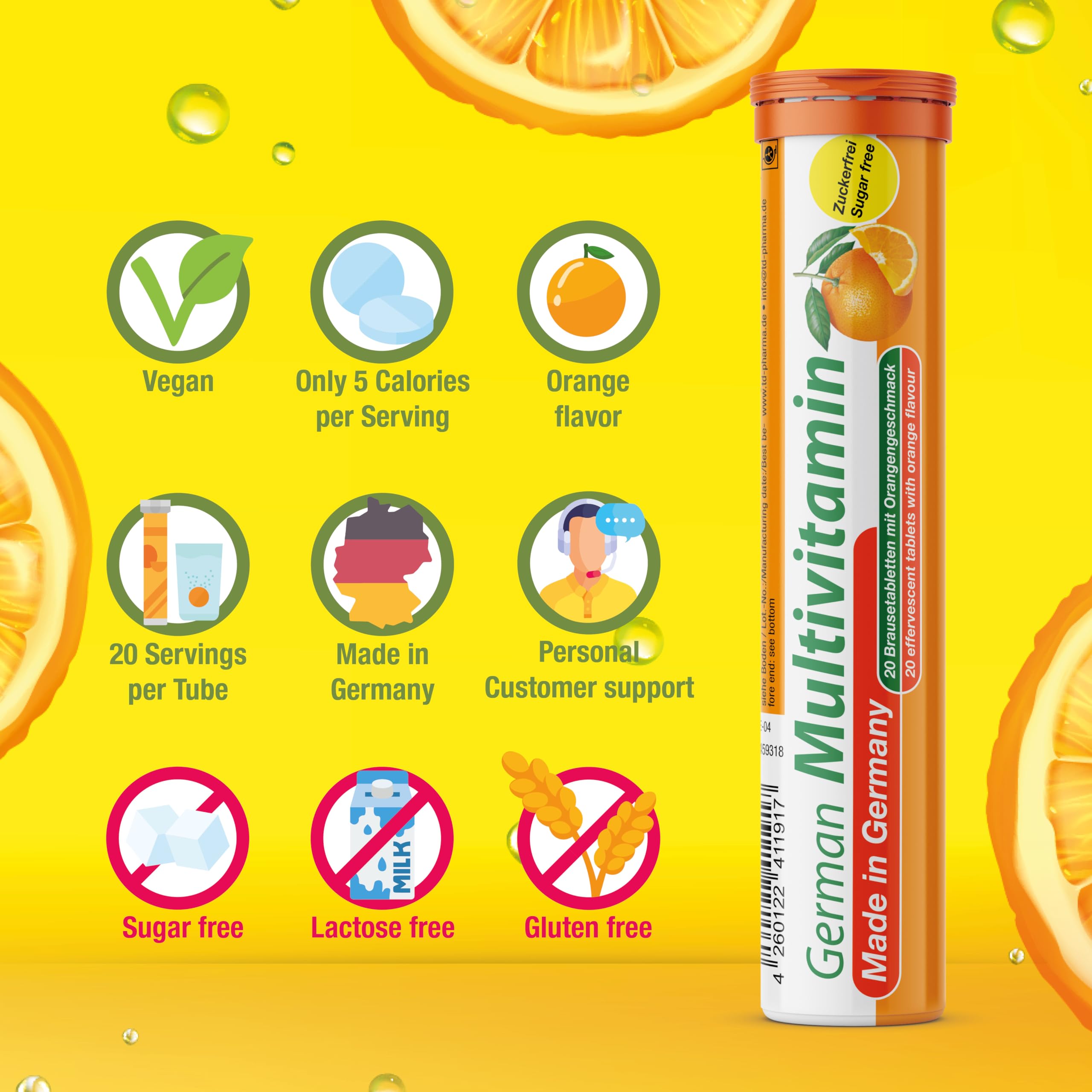T&D German Vitamin tablets dissolving in water into fizz.