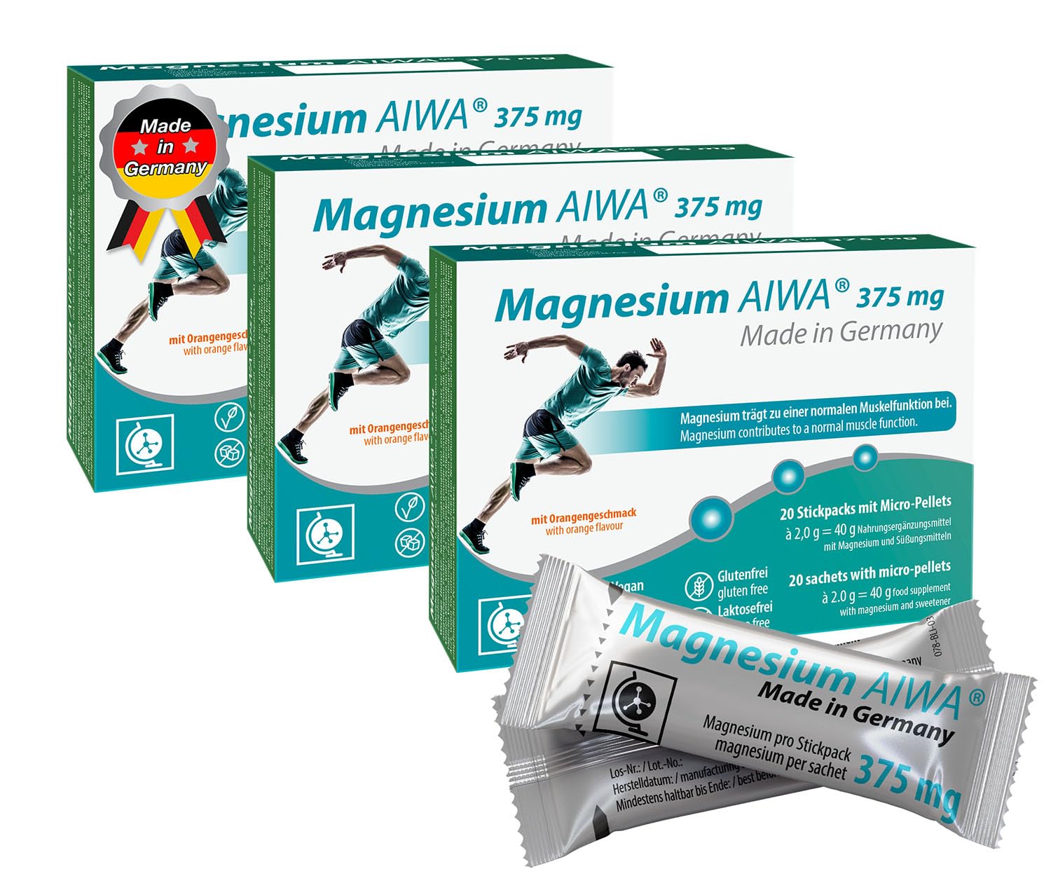 T&D Magnesium AIWA 375 mg orange stickpack packaging for travel.