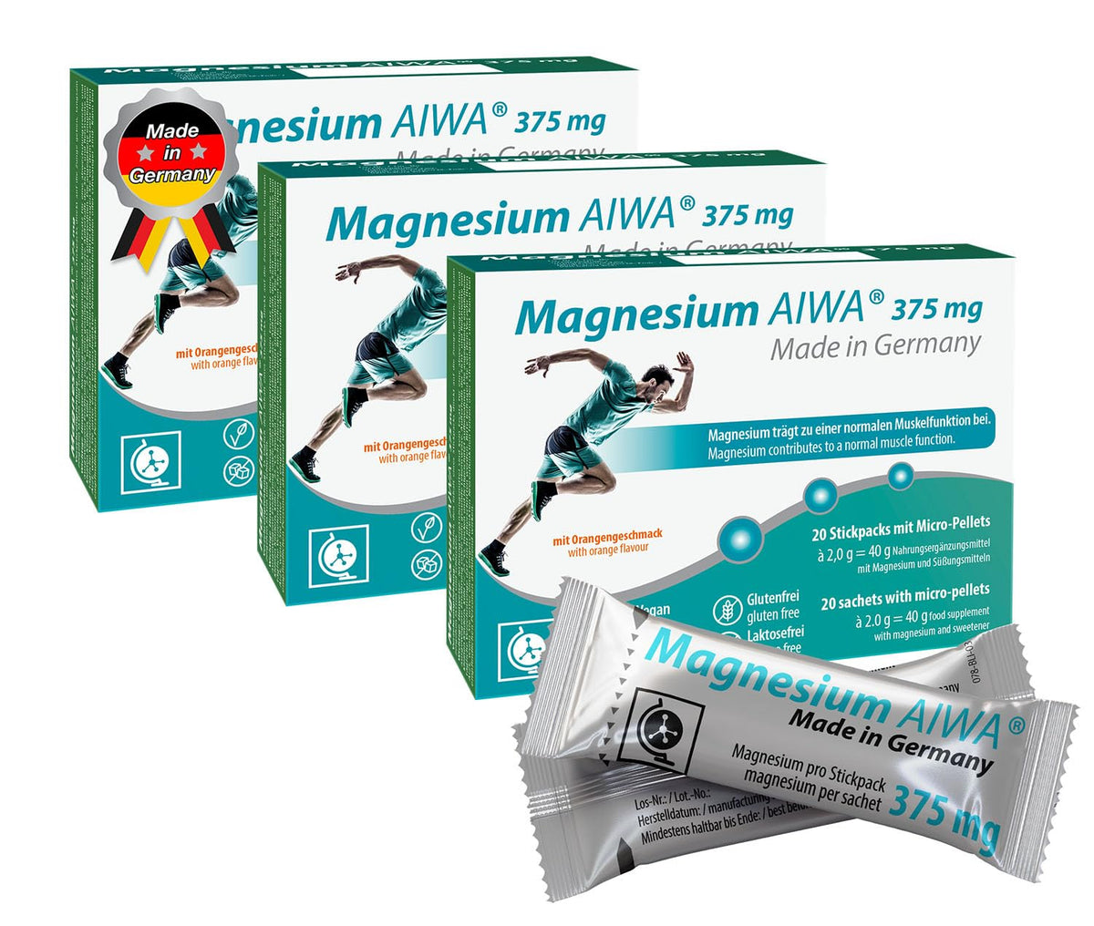 T&D Magnesium AIWA 375 mg orange stickpack packaging for travel.