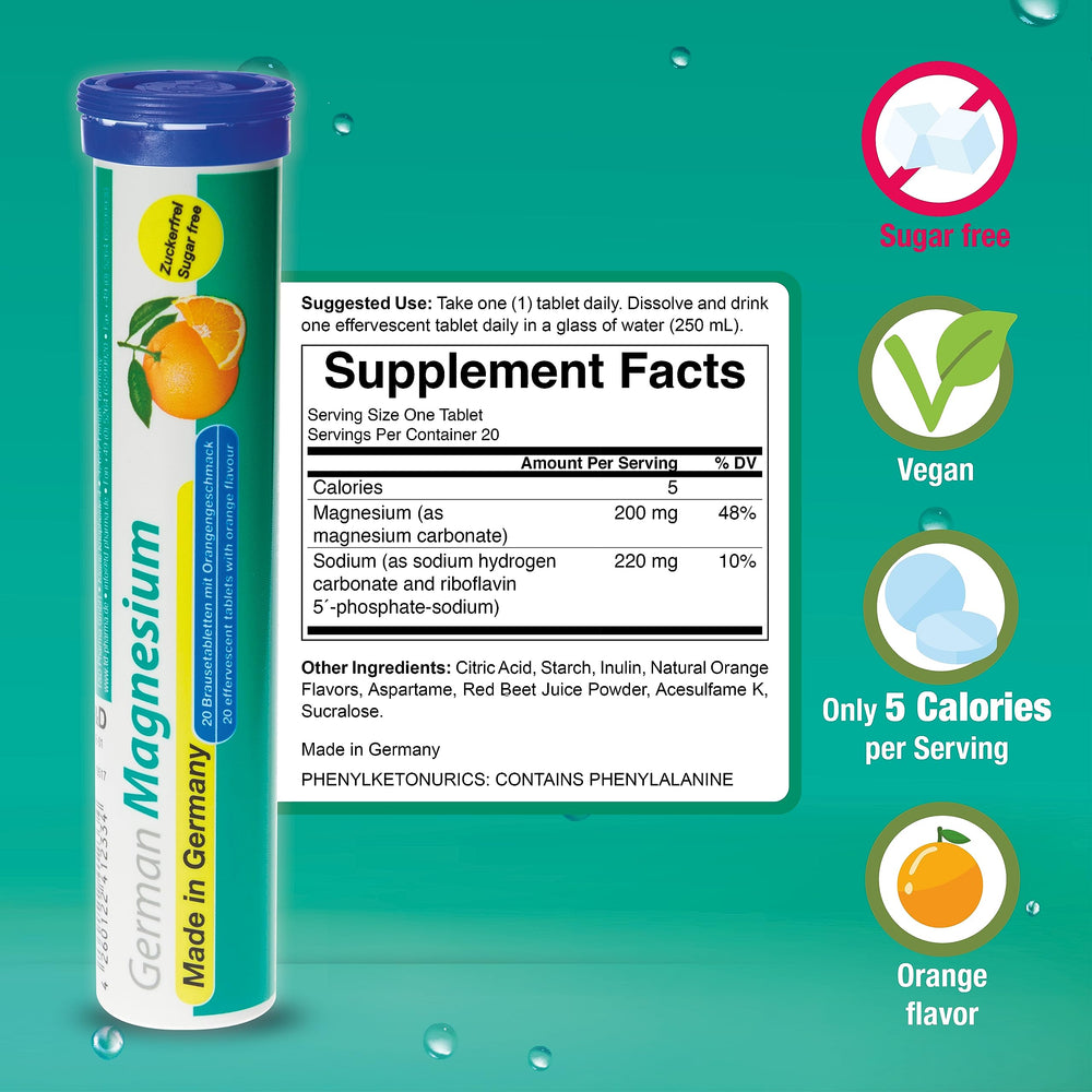 T&D Magnesium orange tablets in a glass ready to drink for convenient supplementation.