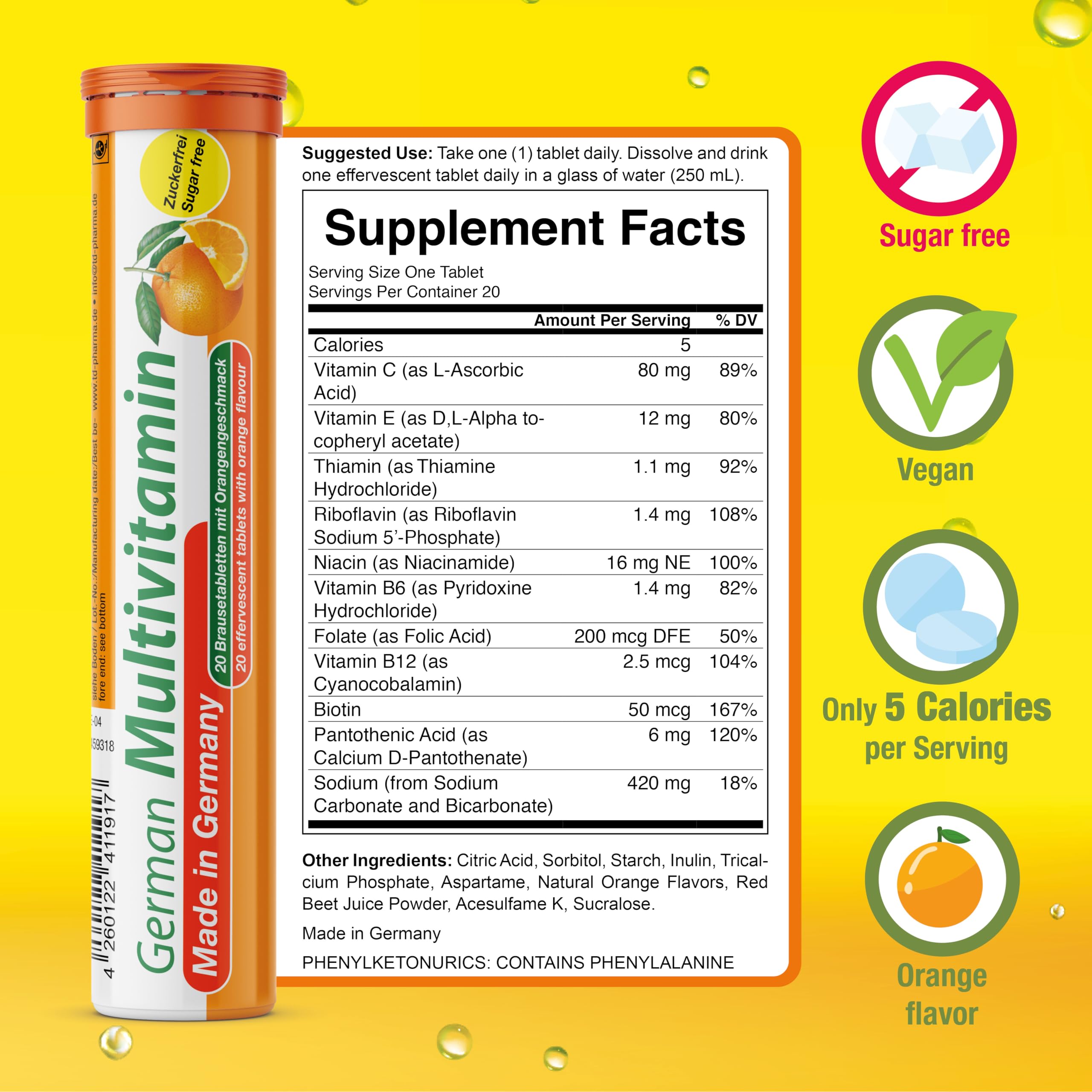 T&D orange vitamin crystals dissolve in water for a quick wellness boost