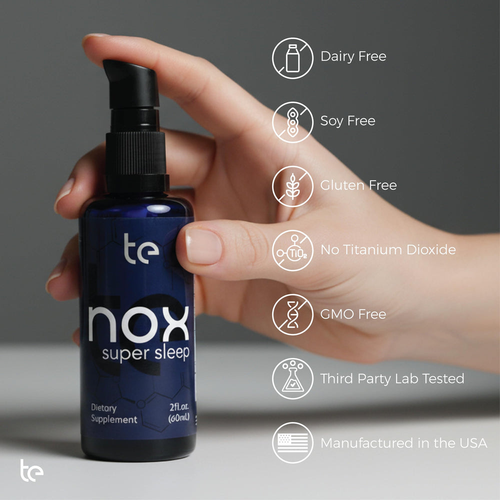 TE USA Nox Super Sleep label close-up with ingredients.