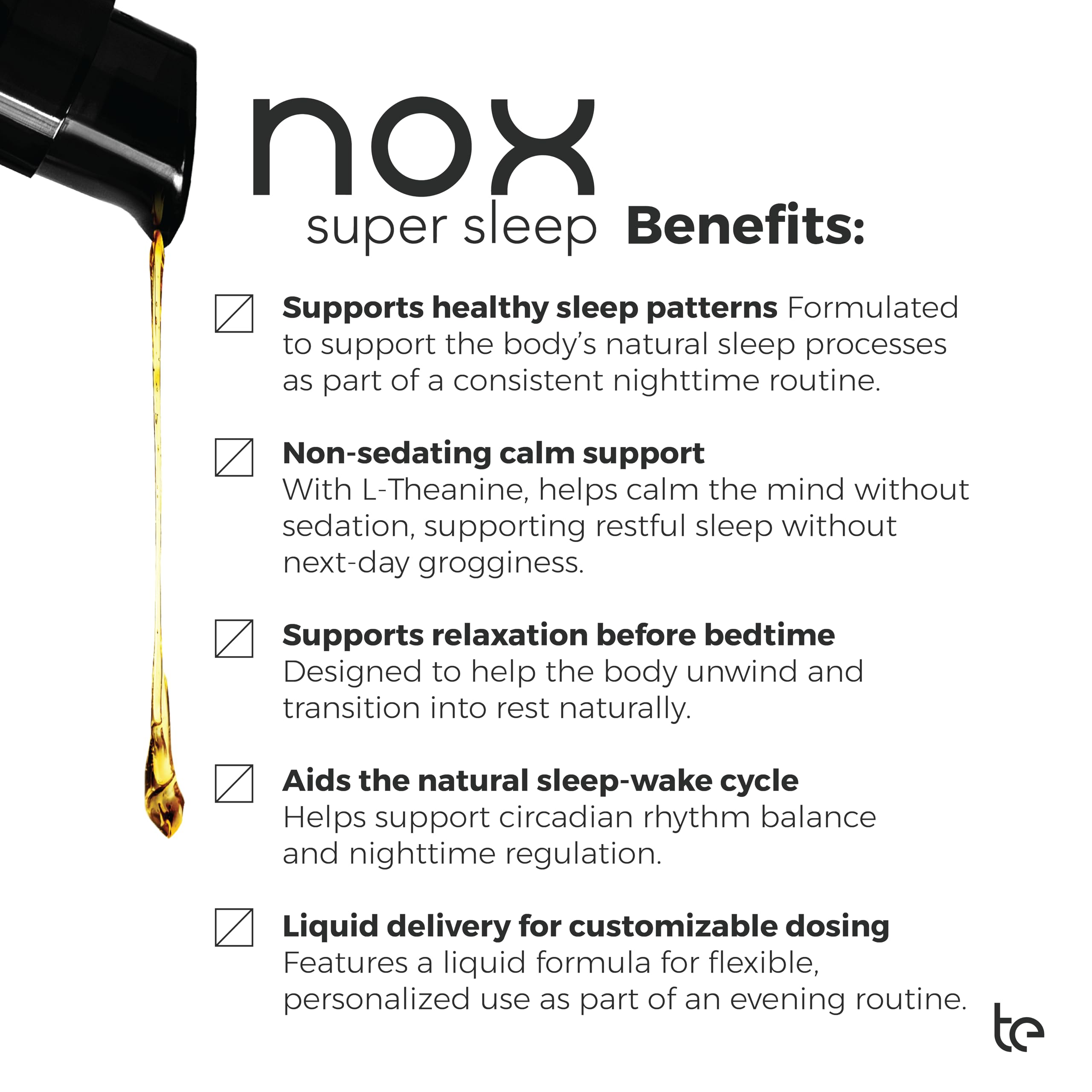 TE USA Nox Super Sleep liquid delivery highlights fast absorption.