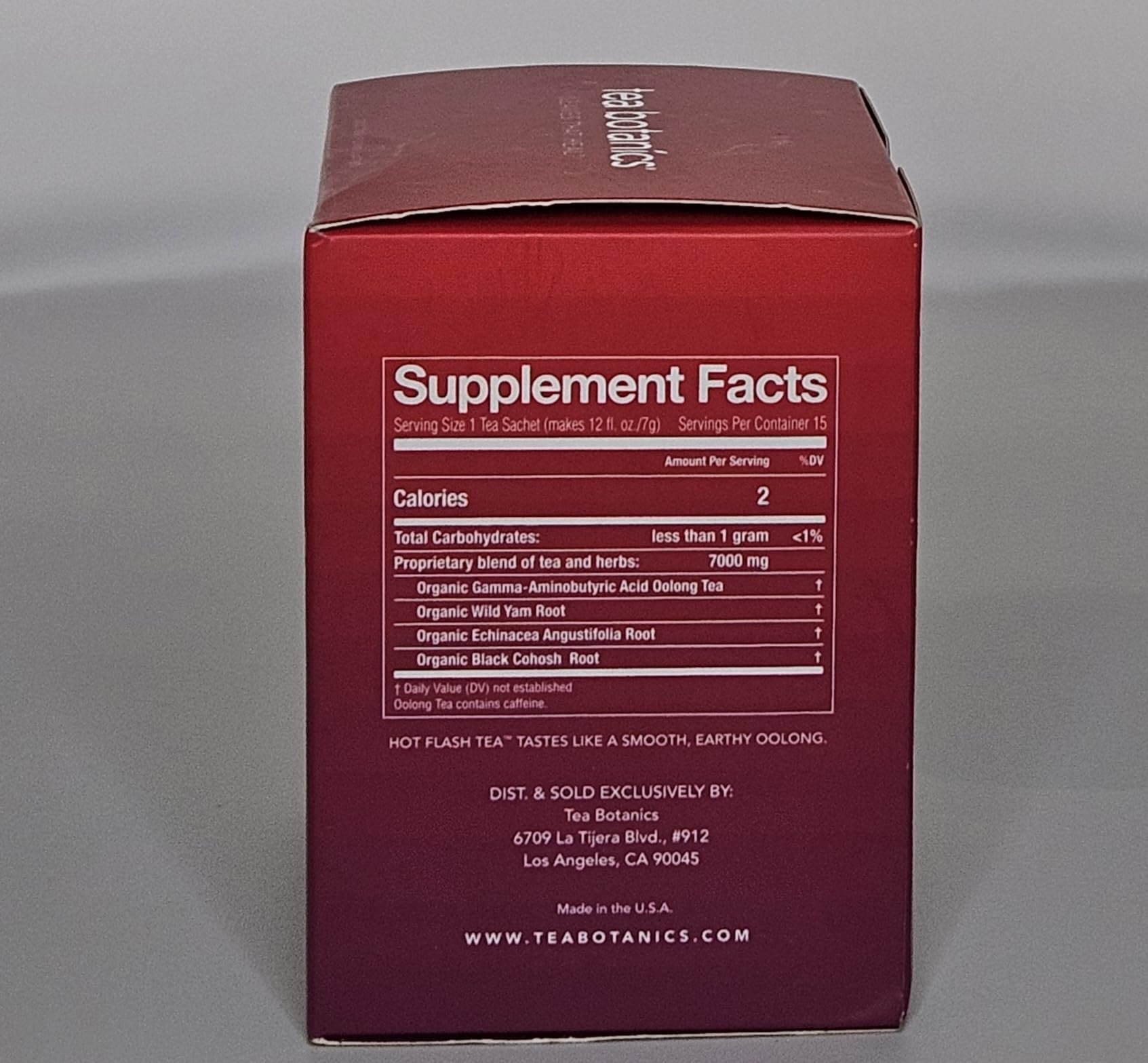 Tea Botanics Hot Flash Tea label focus highlights organic composition.