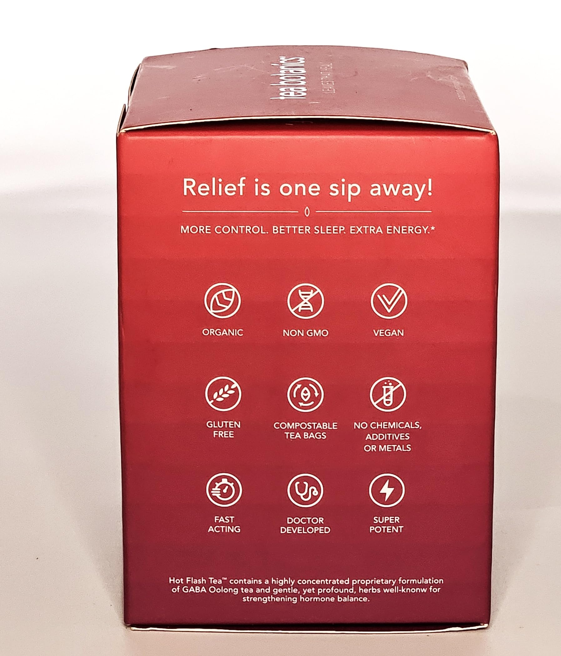 Tea Botanics Hot Flash Tea display shelf suggests daily menopause support ritual.