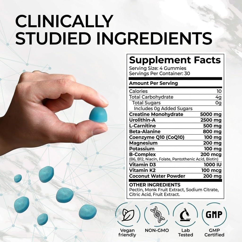 Close-up of MyoBoost gummies highlights sugar-free vegan formulation for guilt-free use.