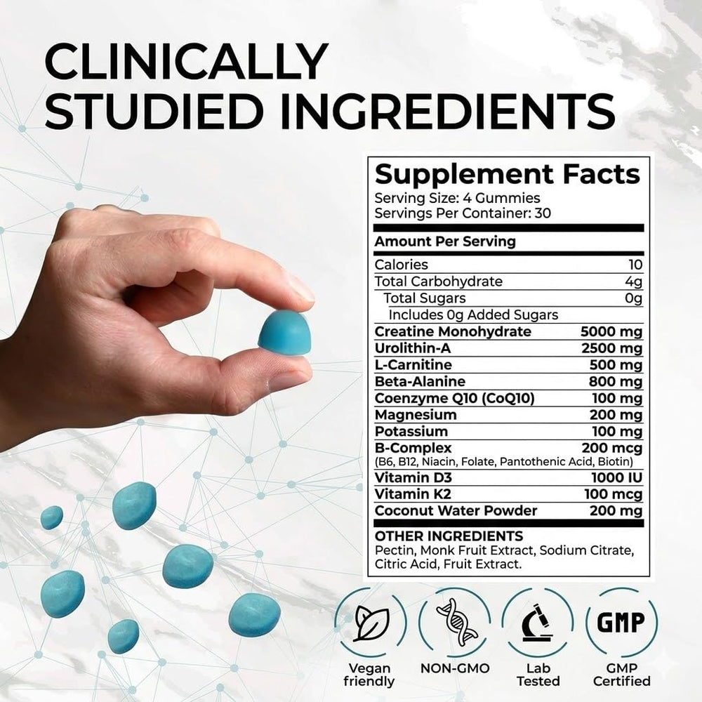 Close-up of MyoBoost gummies highlights sugar-free vegan formulation for guilt-free use.