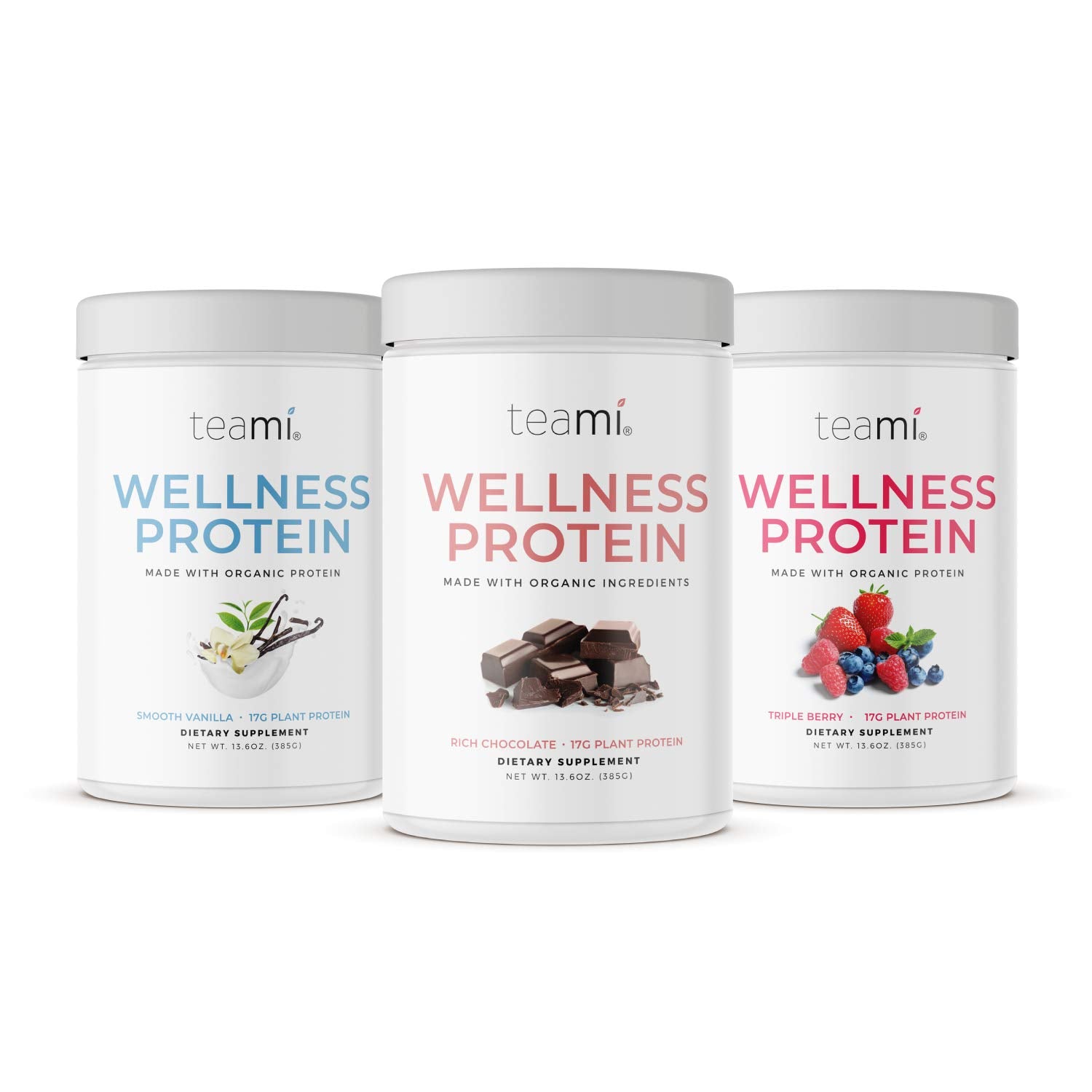 Teami Vegan Chocolate Protein Powder front-packaging highlights plant-based protein