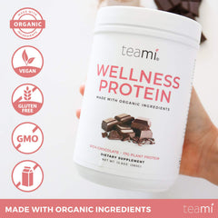Teami Vegan Chocolate Protein Powder milkshake glass showcases creamy texture for a satisfying snack