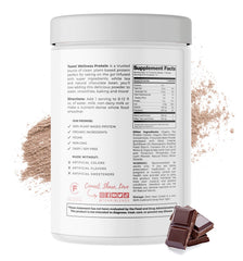 Teami Vegan Chocolate Protein Powder scoop dipping demonstrates quick mix into smoothies