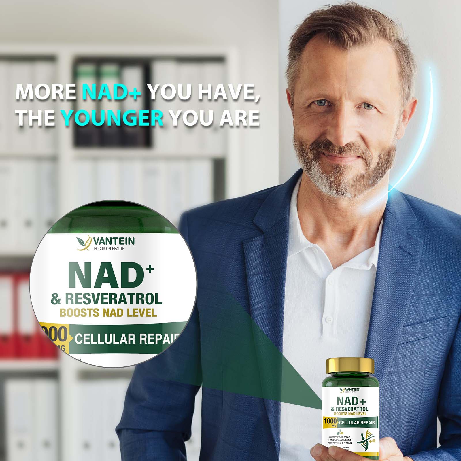 TEATTY NAD+ & Resveratrol capsules pack for easy daily dosing and energy support