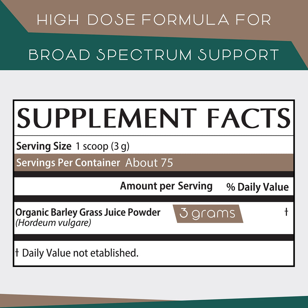 Teaveli barley grass juice powder label with ingredients list and allergen-free claim.