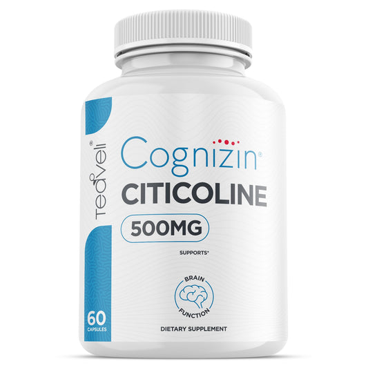 Teaveli Cognizin bottle pour showing premium brain-support capsules for daily clarity