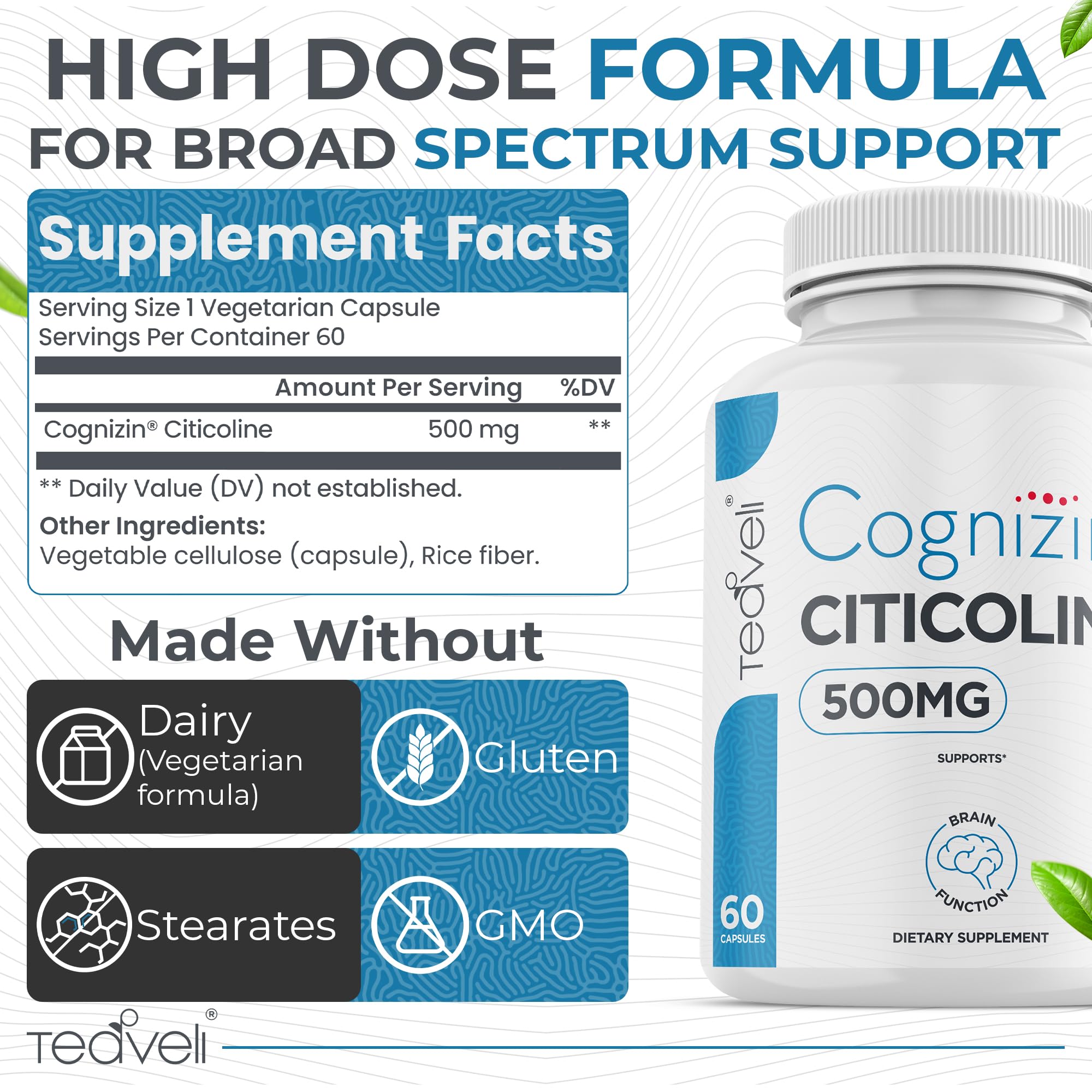 Teaveli Cognizin capsule closeup highlighting 500mg CDP choline dosage