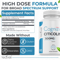 Teaveli Cognizin capsule closeup highlighting 500mg CDP choline dosage