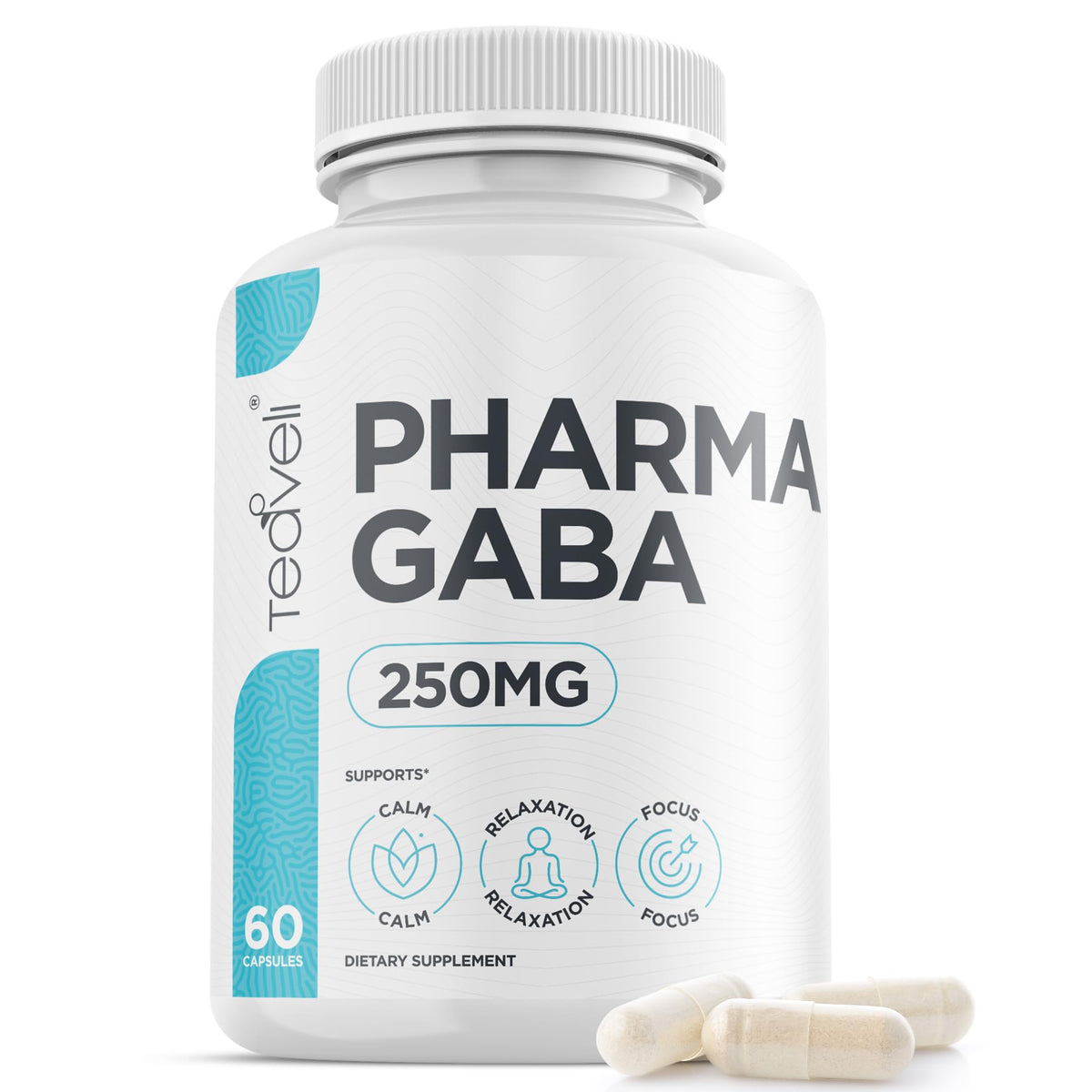 Teaveli Pharma GABA 250mg bottle close-up highlighting high purity and fermentation-based formula