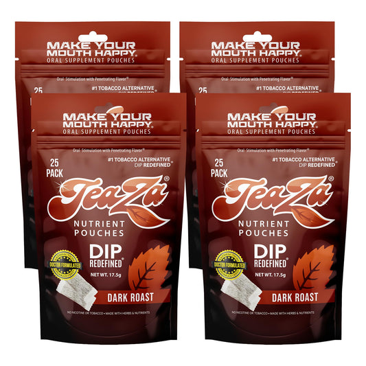 TeaZa Energy dark roast 4-pack can for nicotine-free, smokeless convenience.