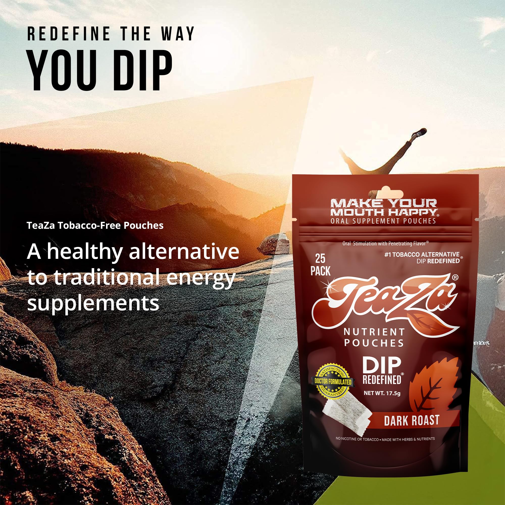 TeaZa Energy ingredients label confirms tobacco-free, nicotine-free composition.