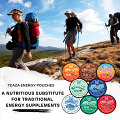 TeaZa nicotine-free logo on pouch, tobacco-free energy.
