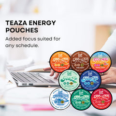 TeaZa Energy on-the-go display shows travel-friendly packaging.
