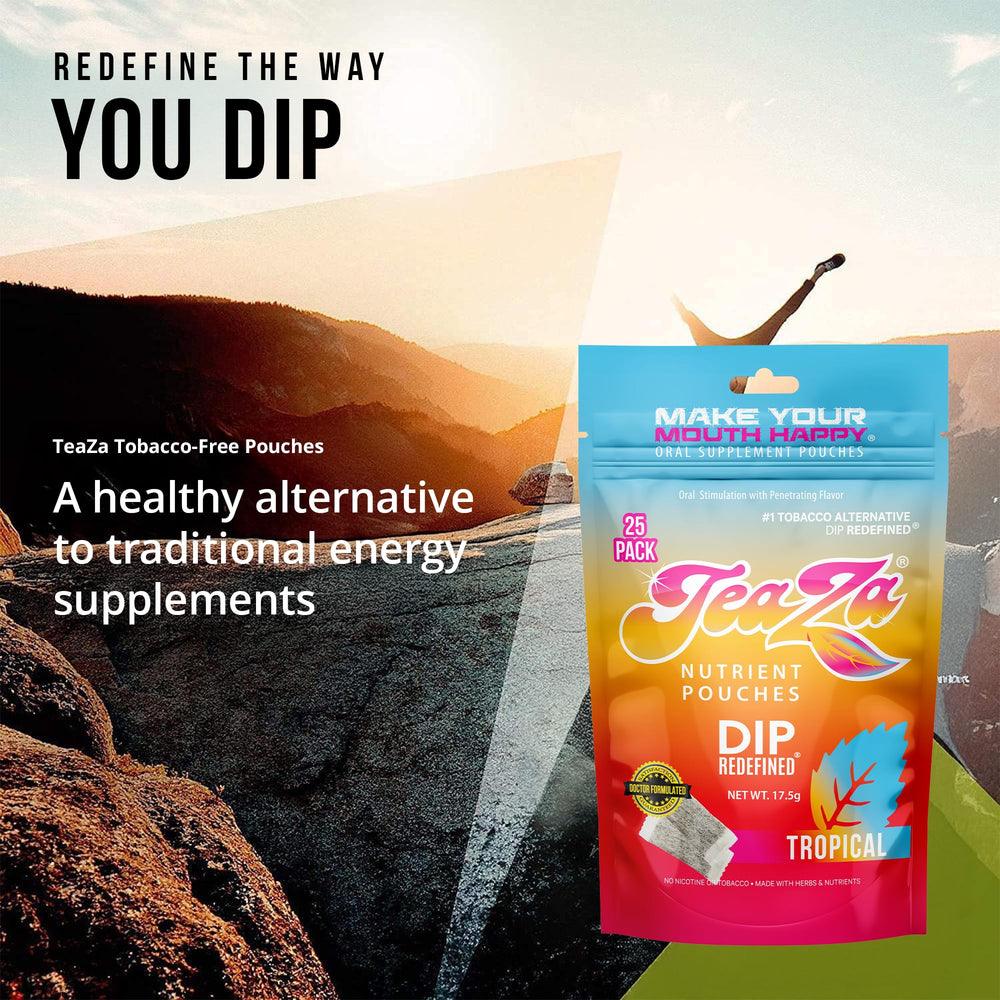 TeaZa Energy Pouch in mouth demonstrates quick, flavorful oral enjoyment