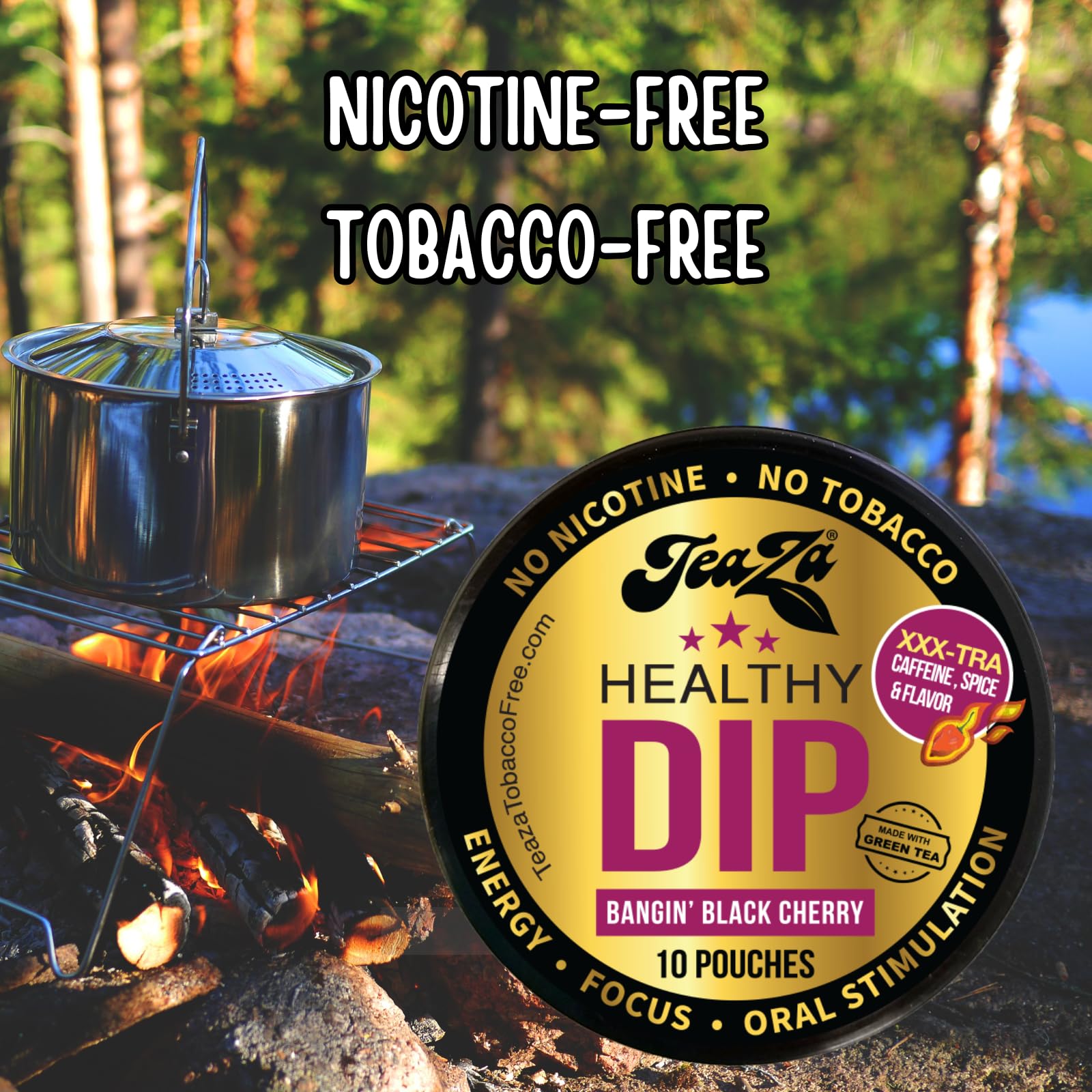 TeaZa Energy Pouches Bangin Black Cherry closeup highlights bold flavor and aroma.
