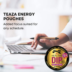 TeaZa Energy Pouches Bangin Black Cherry in-use scene conveys flavor-forward, convenient snacking alternative.