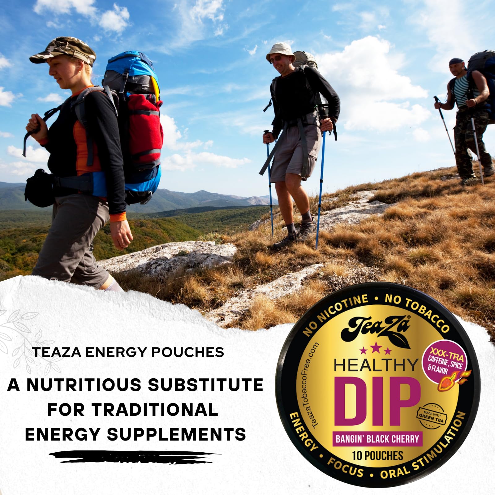 TeaZa Energy Pouches Bangin Black Cherry textured pouch implies discreet on-the-go use.