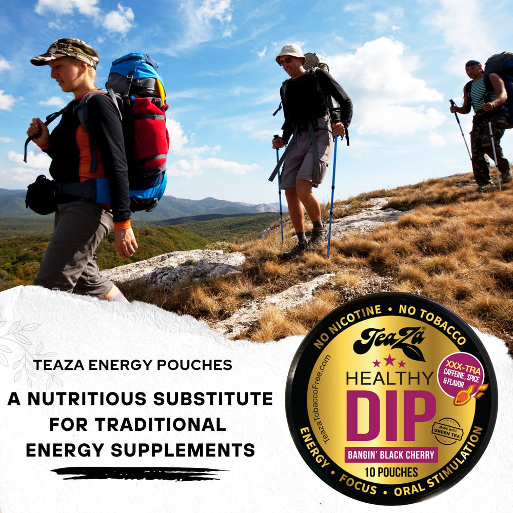 TeaZa Energy Pouches Bangin Black Cherry textured pouch implies discreet on-the-go use.