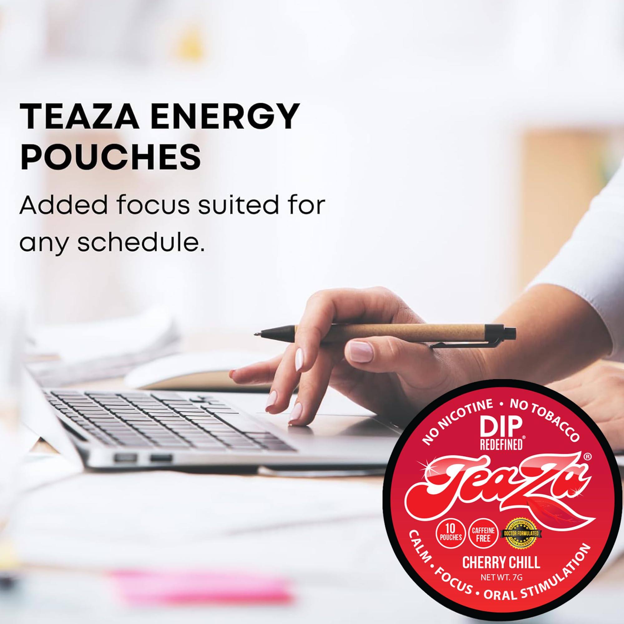 In-hand use of TeaZa pouch for discreet, on-the-go energy