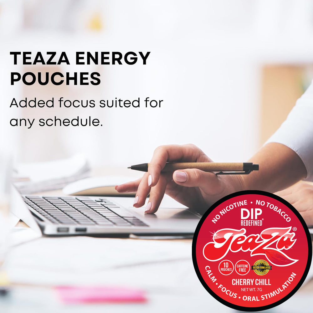 In-hand use of TeaZa pouch for discreet, on-the-go energy