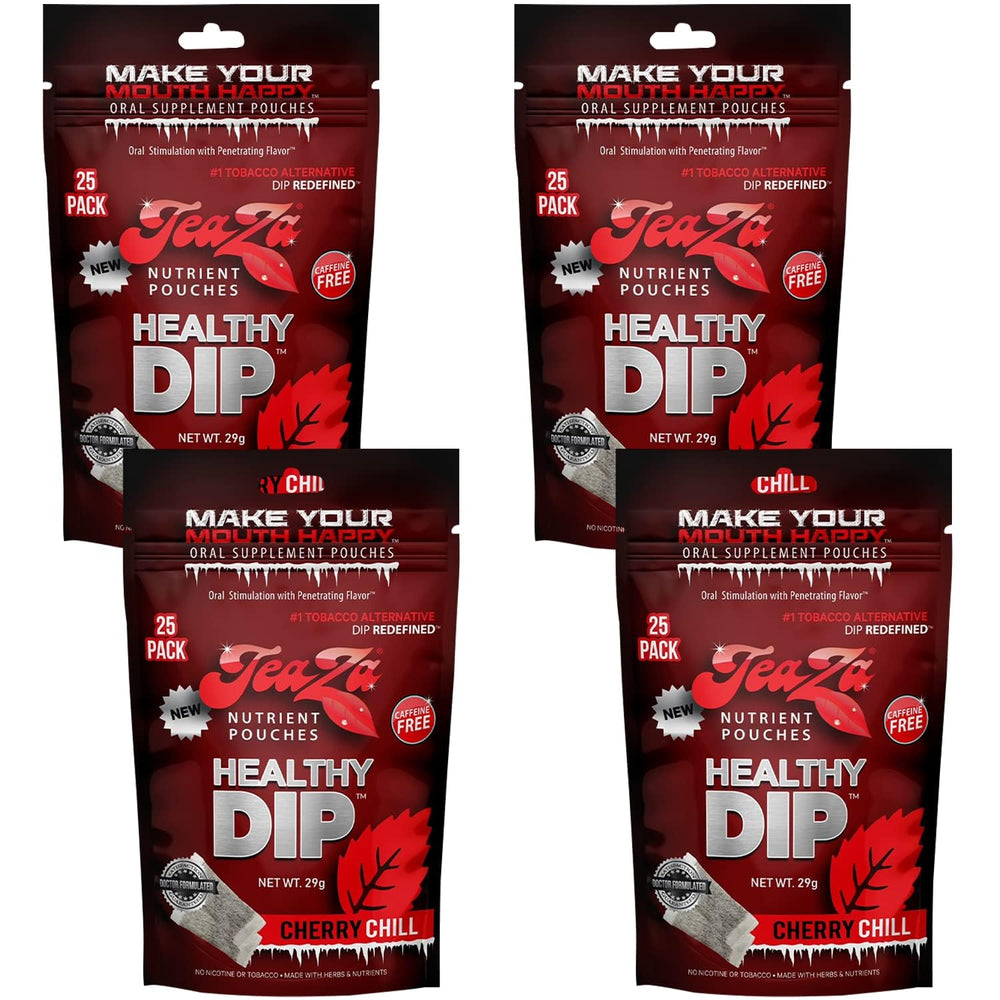 TeaZa Energy Pouches Cherry Chill pack front highlighting long-lasting flavor