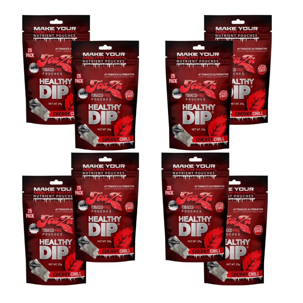 TeaZa Energy Pouches Cherry Chill pouch in hand for tobacco-free flavor