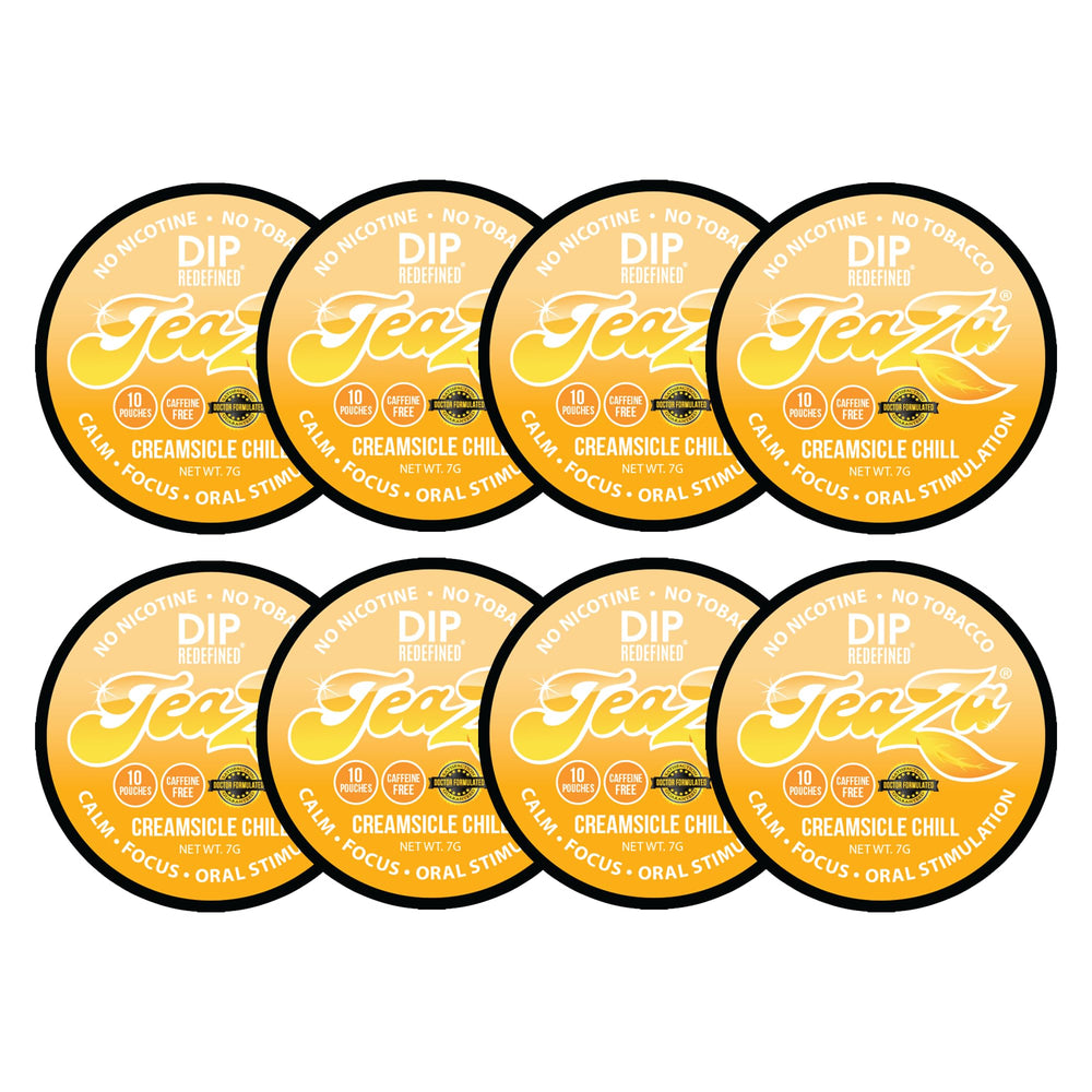 TeaZa Energy Pouches Creamsicle Chill in mouth deliver long-lasting flavor.
